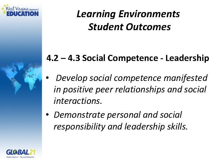 Learning Environments Student Outcomes 4. 2 – 4. 3 Social Competence - Leadership •