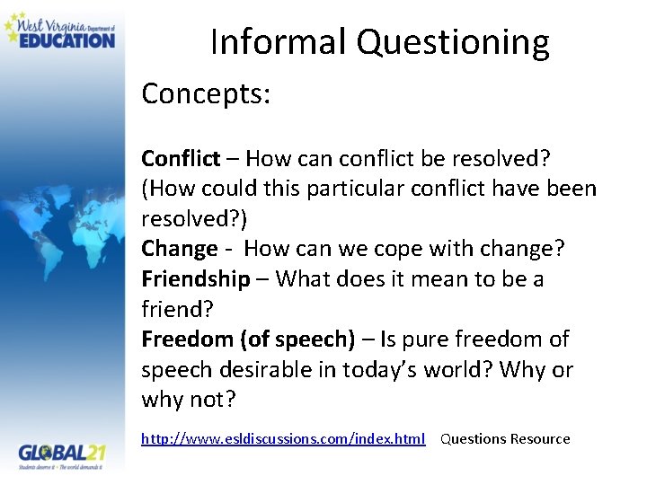 Informal Questioning Concepts: Conflict – How can conflict be resolved? (How could this particular