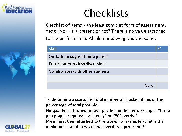 Checklists Checklist of items - the least complex form of assessment. Yes or No