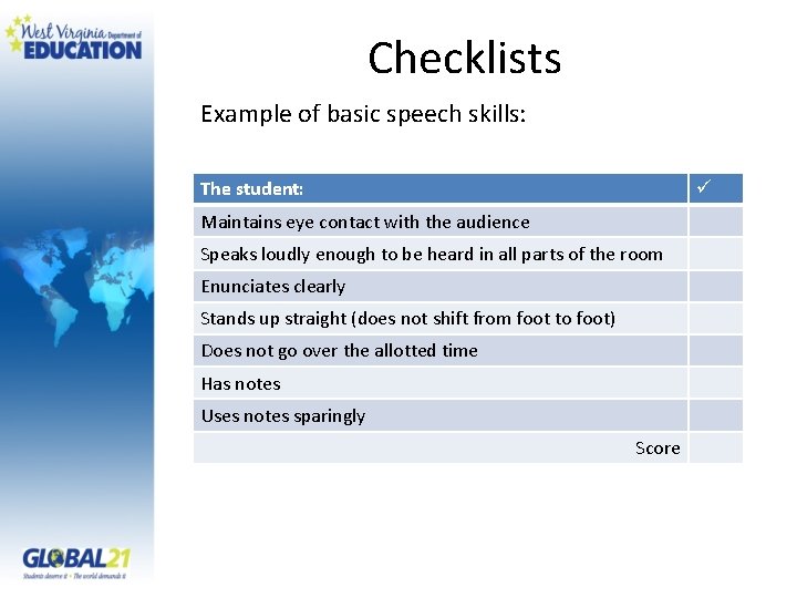 Checklists Example of basic speech skills: The student: ü Maintains eye contact with the