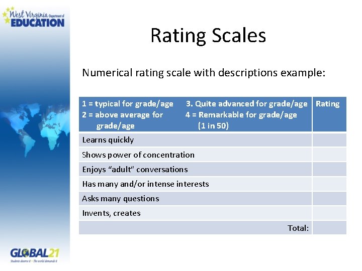 Rating Scales Numerical rating scale with descriptions example: 1 = typical for grade/age 2