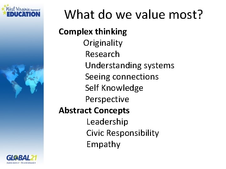 What do we value most? Complex thinking Originality Research Understanding systems Seeing connections Self