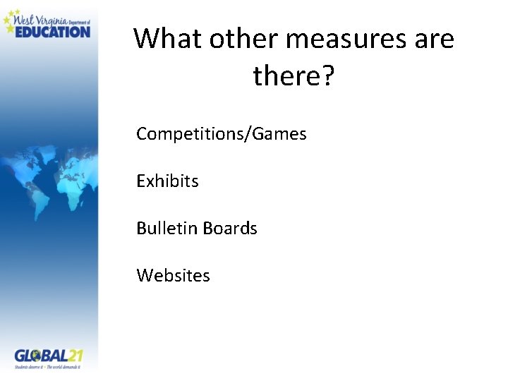 What other measures are there? Competitions/Games Exhibits Bulletin Boards Websites 