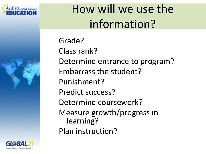 How will we use the information? Grade? Class rank? Determine entrance to program? Embarrass