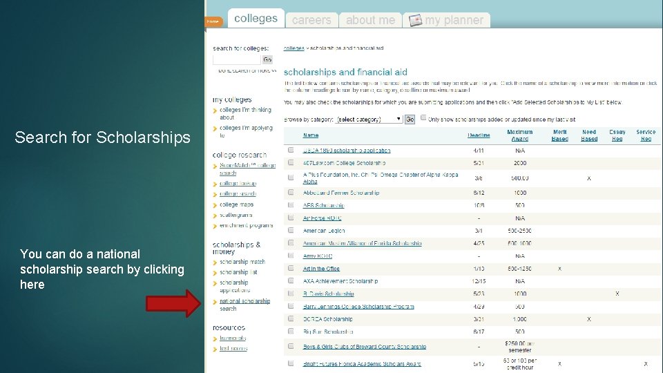 Search for Scholarships You can do a national scholarship search by clicking here 