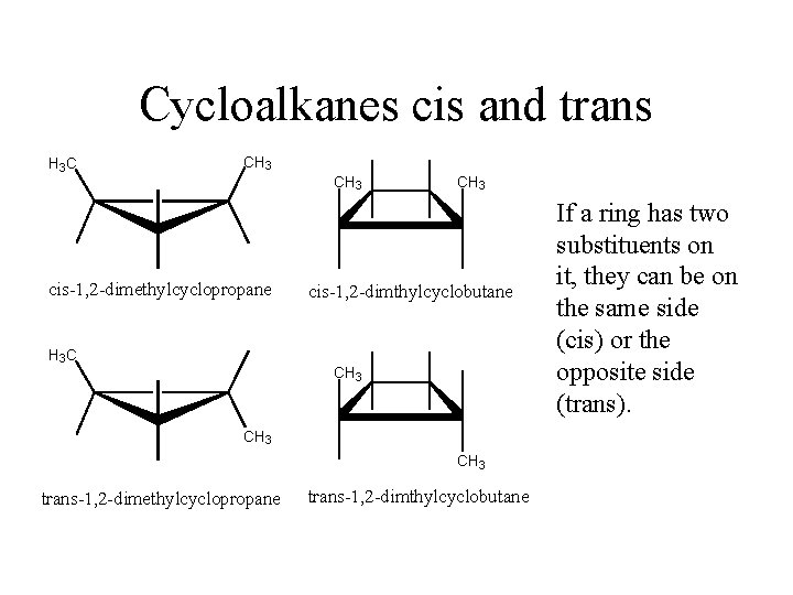 Cycloalkanes cis and trans H 3 C CH 3 cis-1, 2 -dimethylcyclopropane H 3