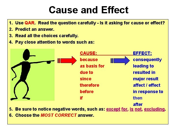 Cause and Effect 1. 2. 3. 4. Use QAR. Read the question carefully -