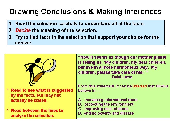 Drawing Conclusions & Making Inferences 1. Read the selection carefully to understand all of