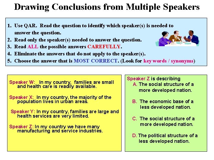 Drawing Conclusions from Multiple Speakers 1. Use QAR. Read the question to identify which
