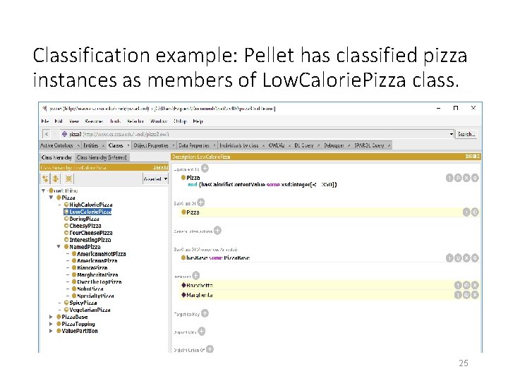 Classification example: Pellet has classified pizza instances as members of Low. Calorie. Pizza class.