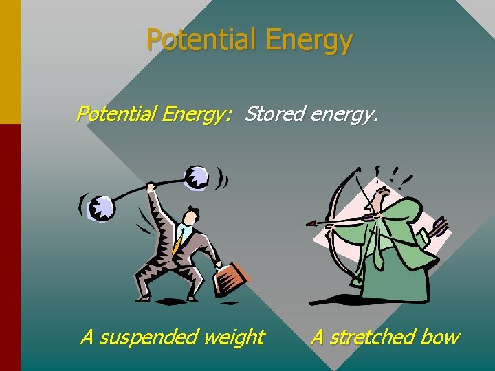Potential Energy: Stored energy. A suspended weight A stretched bow 