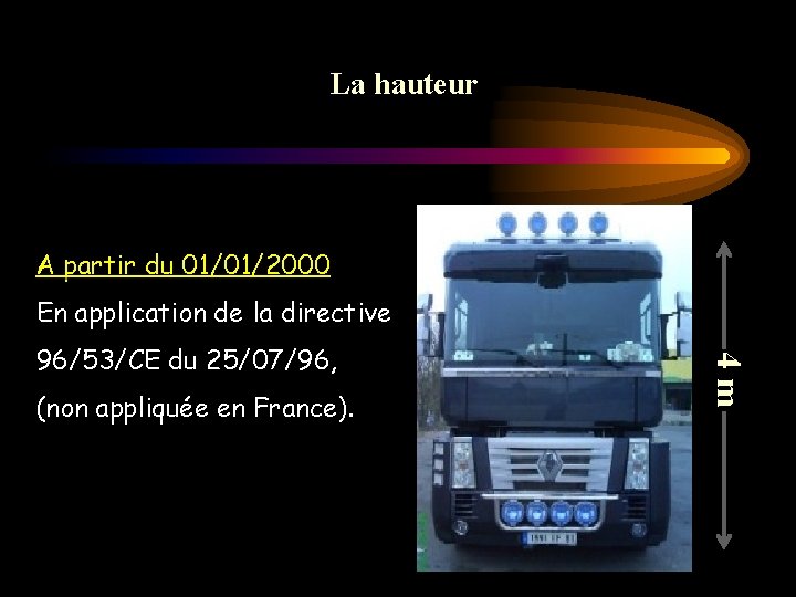 La hauteur A partir du 01/01/2000 En application de la directive (non appliquée en