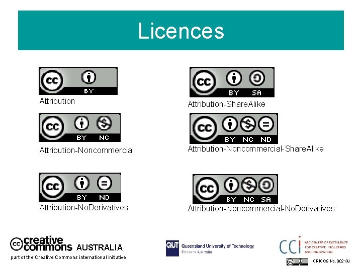 Licences Attribution-Share. Alike Attribution-Noncommercial-Share. Alike Attribution-No. Derivatives Attribution-Noncommercial-No. Derivatives AUSTRALIA part of the Creative