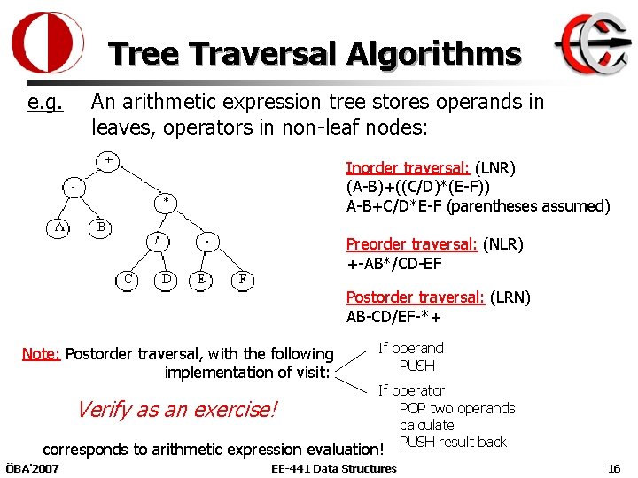 Tree Traversal Algorithms e. g. An arithmetic expression tree stores operands in leaves, operators