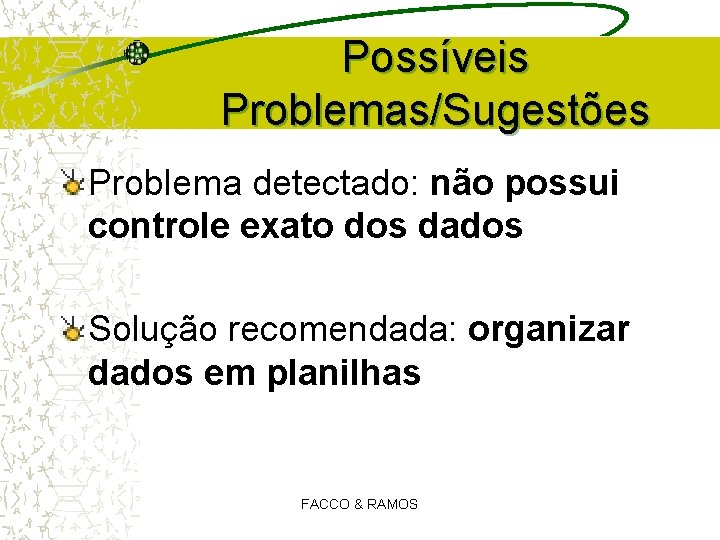 Possíveis Problemas/Sugestões Problema detectado: não possui controle exato dos dados Solução recomendada: organizar dados Possíveis Problemas/Sugestões Problema detectado: não possui controle exato dos dados Solução recomendada: organizar dados