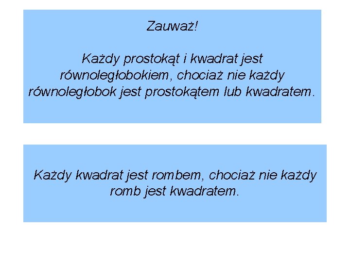 Zauważ! Każdy prostokąt i kwadrat jest równoległobokiem, chociaż nie każdy równoległobok jest prostokątem lub