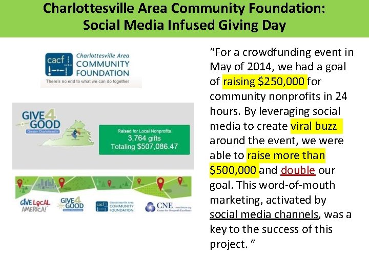 Charlottesville Area Community Foundation: Social Media Infused Giving Day “For a crowdfunding event in