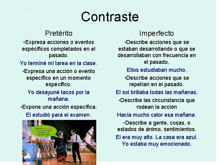 Contraste Pretérito Imperfecto • Expresa acciones o eventos espécificos completados en el pasado. Yo