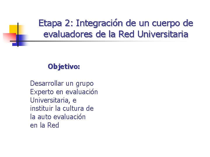 Etapa 2: Integración de un cuerpo de evaluadores de la Red Universitaria Objetivo: Desarrollar