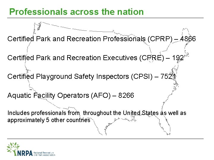 Professionals across the nation Certified Park and Recreation Professionals (CPRP) – 4866 Certified Park