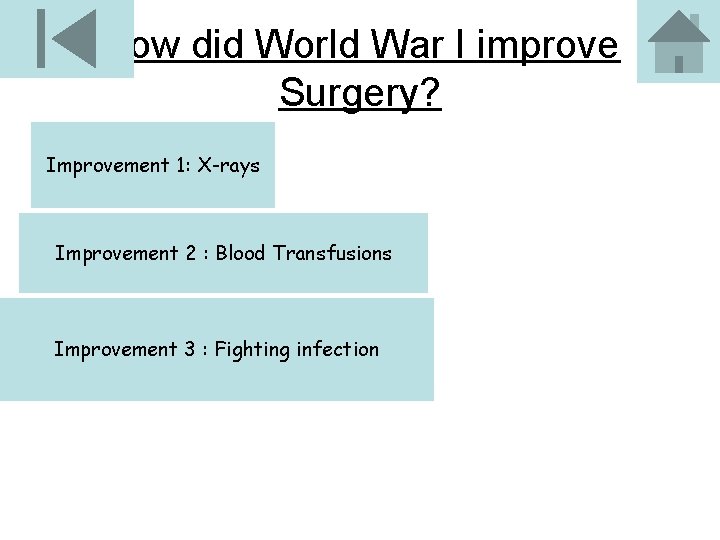 How did World War I improve Surgery? Improvement 1: X-rays Improvement 2 : Blood