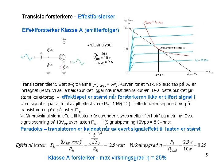 Transistorforsterkere - Effektforsterker Klasse A (emitterfølger) Kretsanalyse RE = 5Ω VCC = 10 v