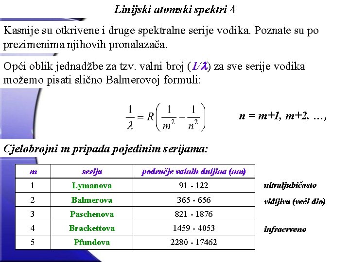 Linijski atomski spektri 4 Kasnije su otkrivene i druge spektralne serije vodika. Poznate su