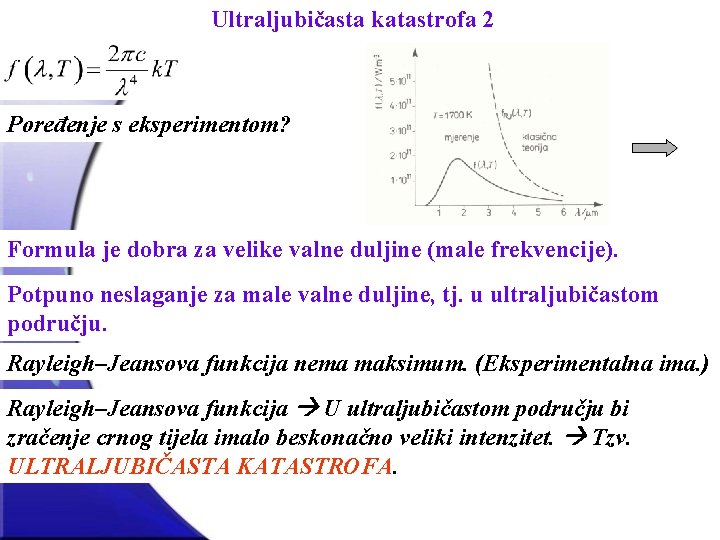 Ultraljubičasta katastrofa 2 Poređenje s eksperimentom? Formula je dobra za velike valne duljine (male