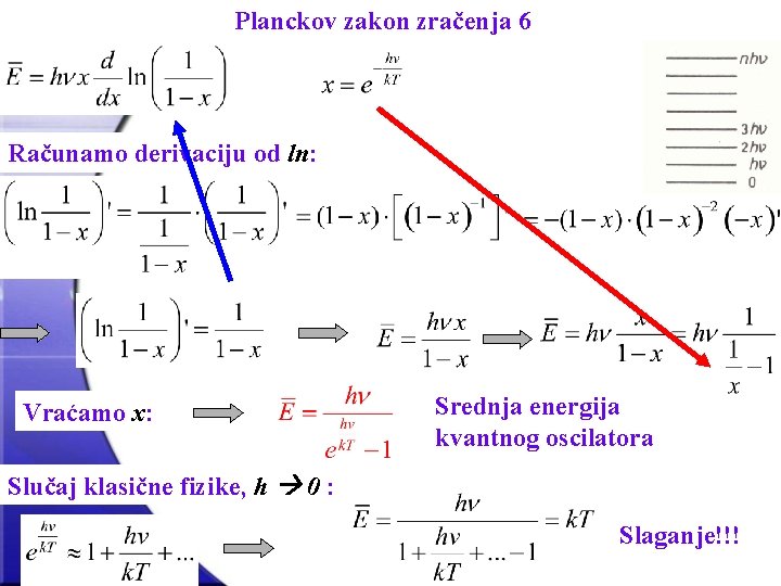 Planckov zakon zračenja 6 Računamo derivaciju od ln: Vraćamo x: Srednja energija kvantnog oscilatora