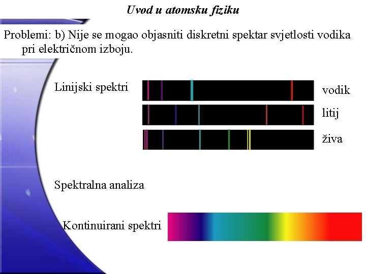 Uvod u atomsku fiziku Problemi: b) Nije se mogao objasniti diskretni spektar svjetlosti vodika