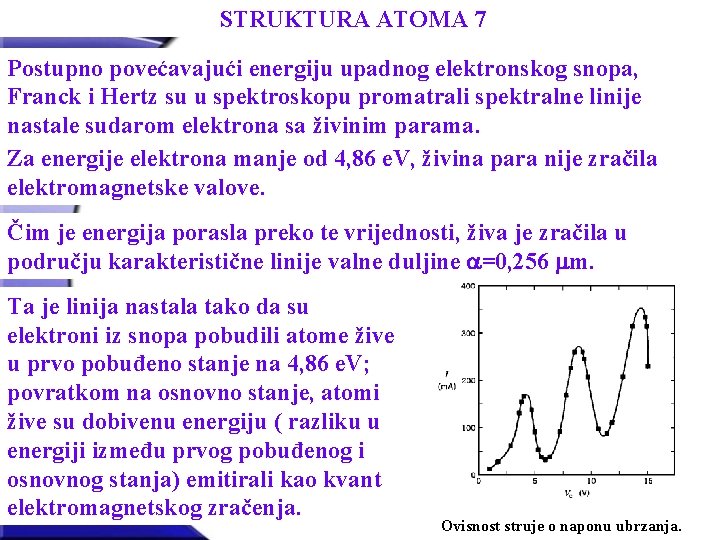STRUKTURA ATOMA 7 Postupno povećavajući energiju upadnog elektronskog snopa, Franck i Hertz su u