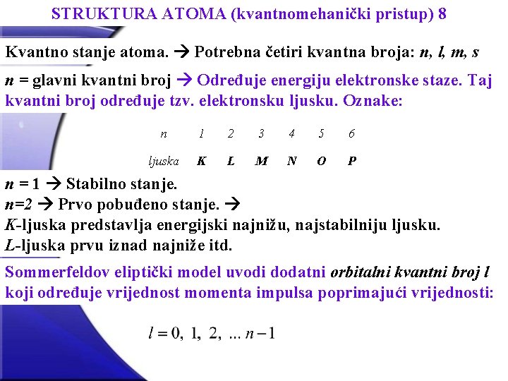 STRUKTURA ATOMA (kvantnomehanički pristup) 8 Kvantno stanje atoma. Potrebna četiri kvantna broja: n, l,