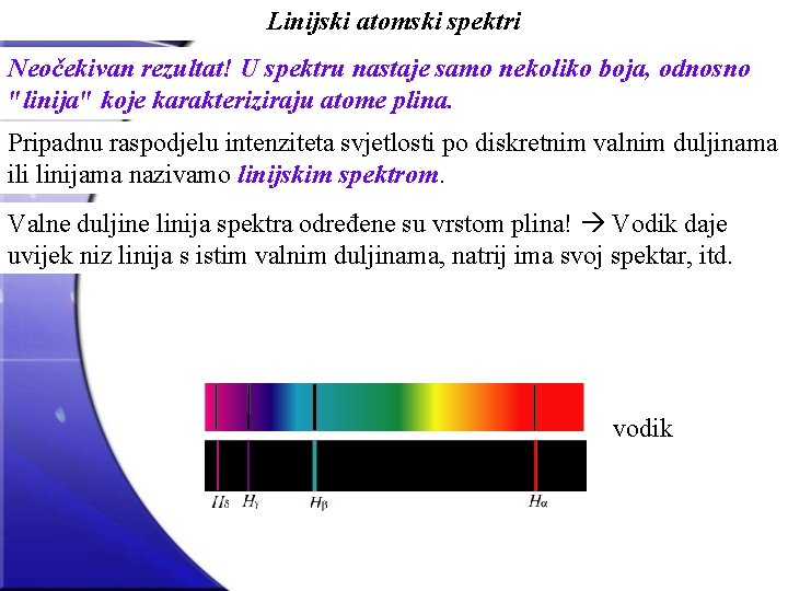 Linijski atomski spektri Neočekivan rezultat! U spektru nastaje samo nekoliko boja, odnosno "linija" koje