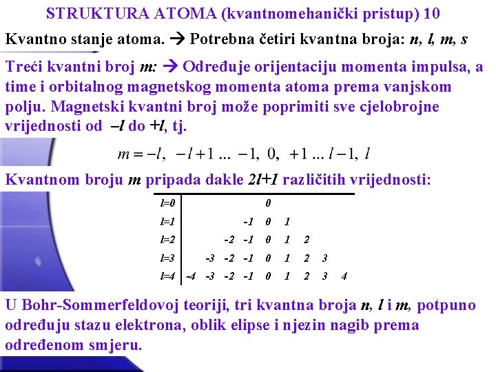 STRUKTURA ATOMA (kvantnomehanički pristup) 10 Kvantno stanje atoma. Potrebna četiri kvantna broja: n, l,