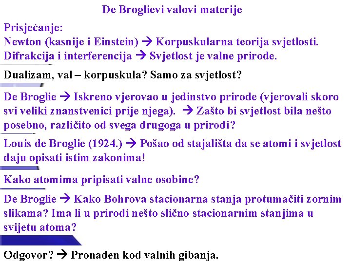 De Broglievi valovi materije Prisjećanje: Newton (kasnije i Einstein) Korpuskularna teorija svjetlosti. Difrakcija i
