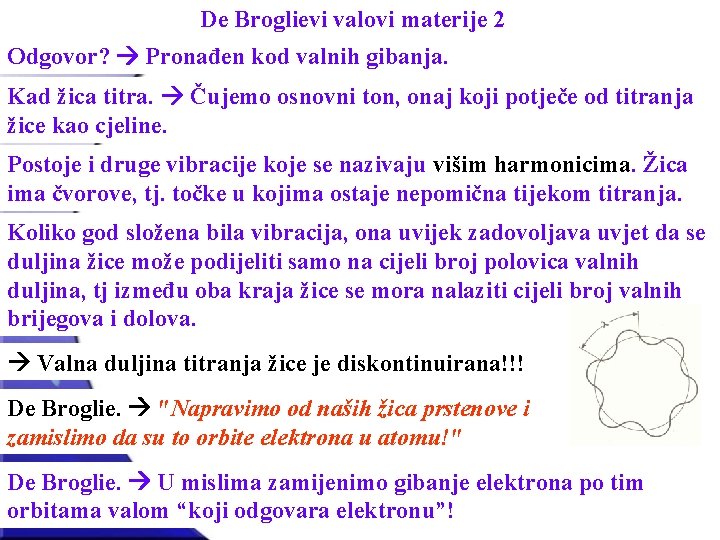 De Broglievi valovi materije 2 Odgovor? Pronađen kod valnih gibanja. Kad žica titra. Čujemo