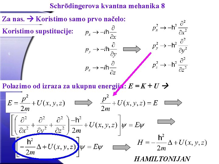 Schrödingerova kvantna mehanika 8 Za nas. Koristimo samo prvo načelo: Koristimo supstitucije: Polazimo od