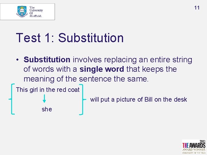 11 Test 1: Substitution • Substitution involves replacing an entire string of words with