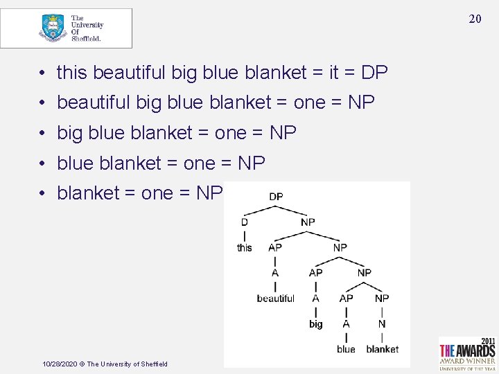 20 • this beautiful big blue blanket = it = DP • beautiful big