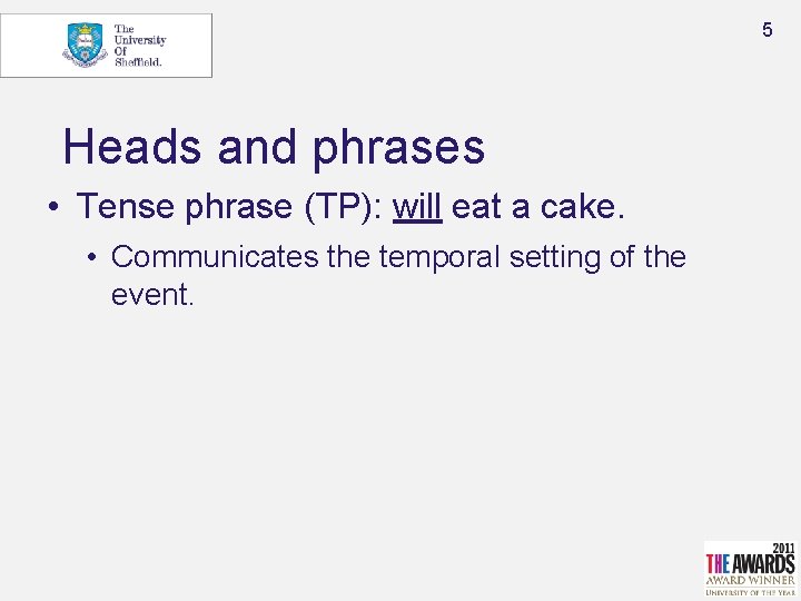 5 Heads and phrases • Tense phrase (TP): will eat a cake. • Communicates