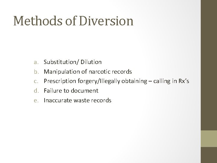 Methods of Diversion a. b. c. d. e. Substitution/ Dilution Manipulation of narcotic records