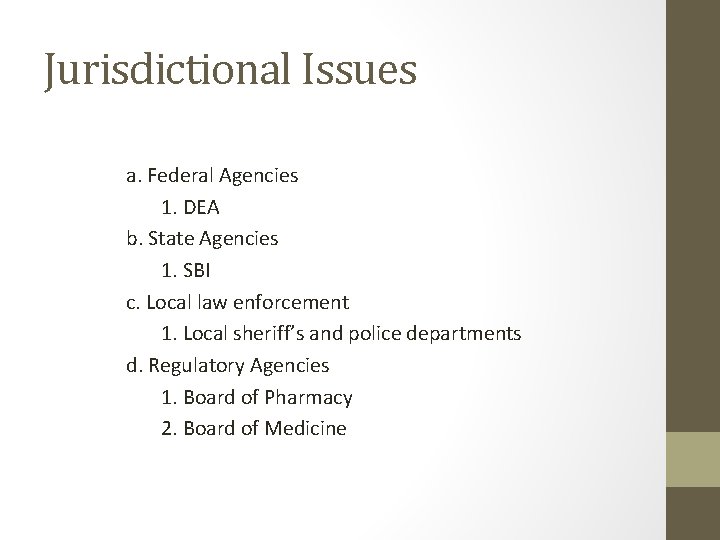 Jurisdictional Issues a. Federal Agencies 1. DEA b. State Agencies 1. SBI c. Local