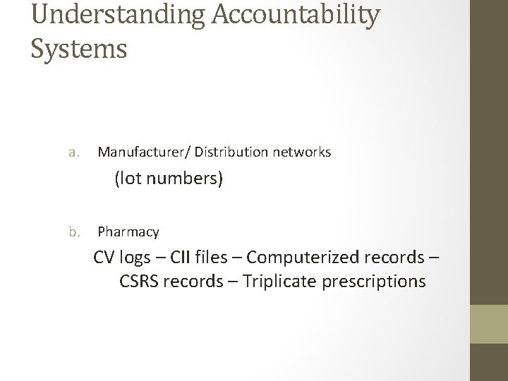 Understanding Accountability Systems a. Manufacturer/ Distribution networks (lot numbers) b. Pharmacy CV logs –