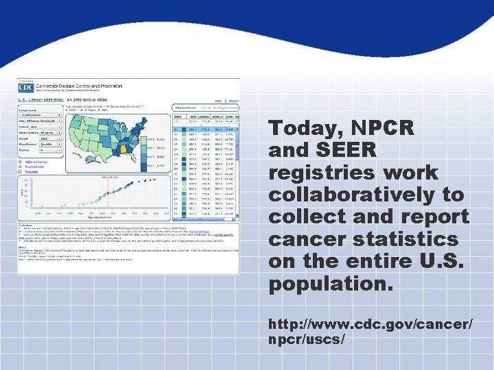 Today, NPCR and SEER registries work collaboratively to collect and report cancer statistics on