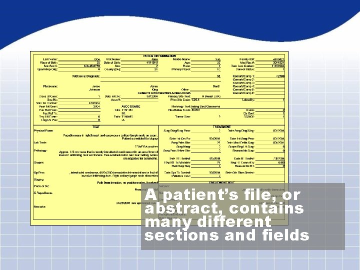 A patient’s file, or abstract, contains many different sections and fields 