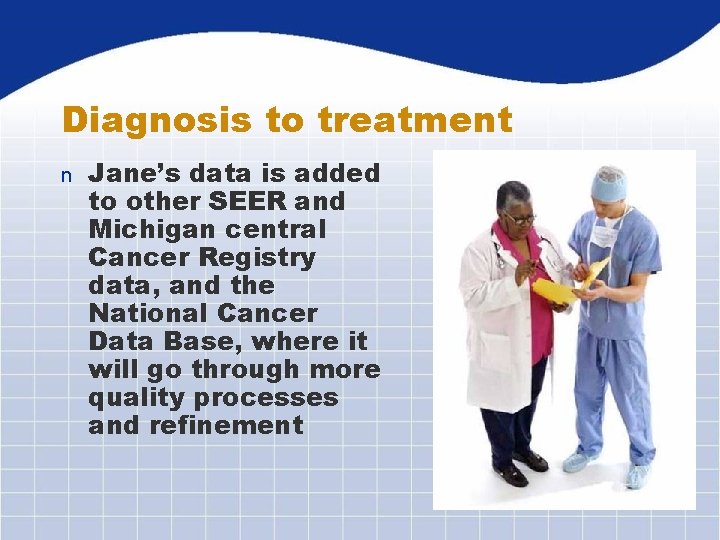 Diagnosis to treatment n Jane’s data is added to other SEER and Michigan central