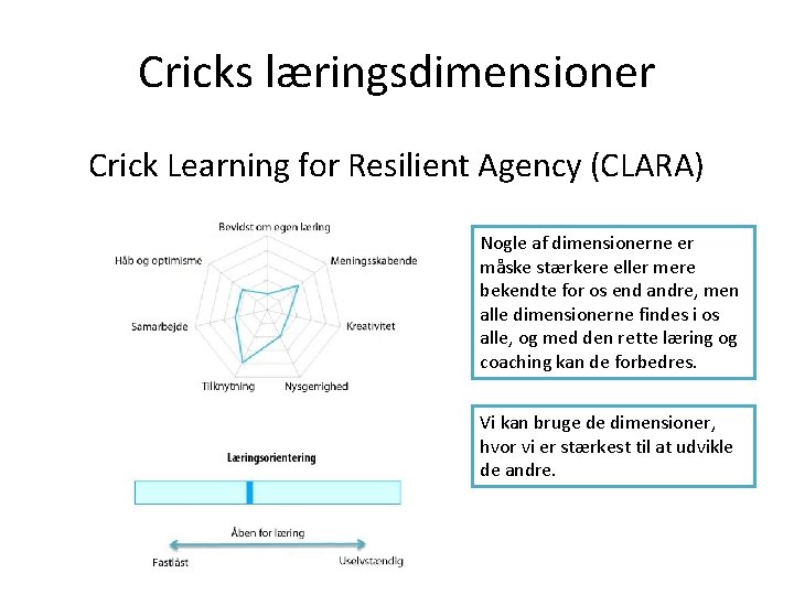 Cricks læringsdimensioner Crick Learning for Resilient Agency (CLARA) Nogle af dimensionerne er måske stærkere