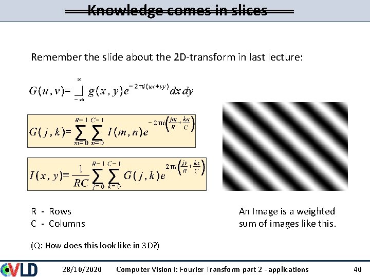Knowledge comes in slices Remember the slide about the 2 D-transform in last lecture: Knowledge comes in slices Remember the slide about the 2 D-transform in last lecture: