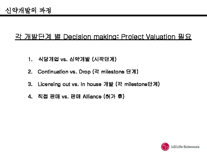 신약개발의 과정 각 개발단계 별 Decision making: Project Valuation 필요 1. 식당개업 vs. 신약개발 신약개발의 과정 각 개발단계 별 Decision making: Project Valuation 필요 1. 식당개업 vs. 신약개발