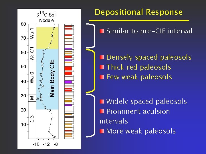Depositional Response Main Body CIE Similar to pre-CIE interval Densely spaced paleosols Thick red